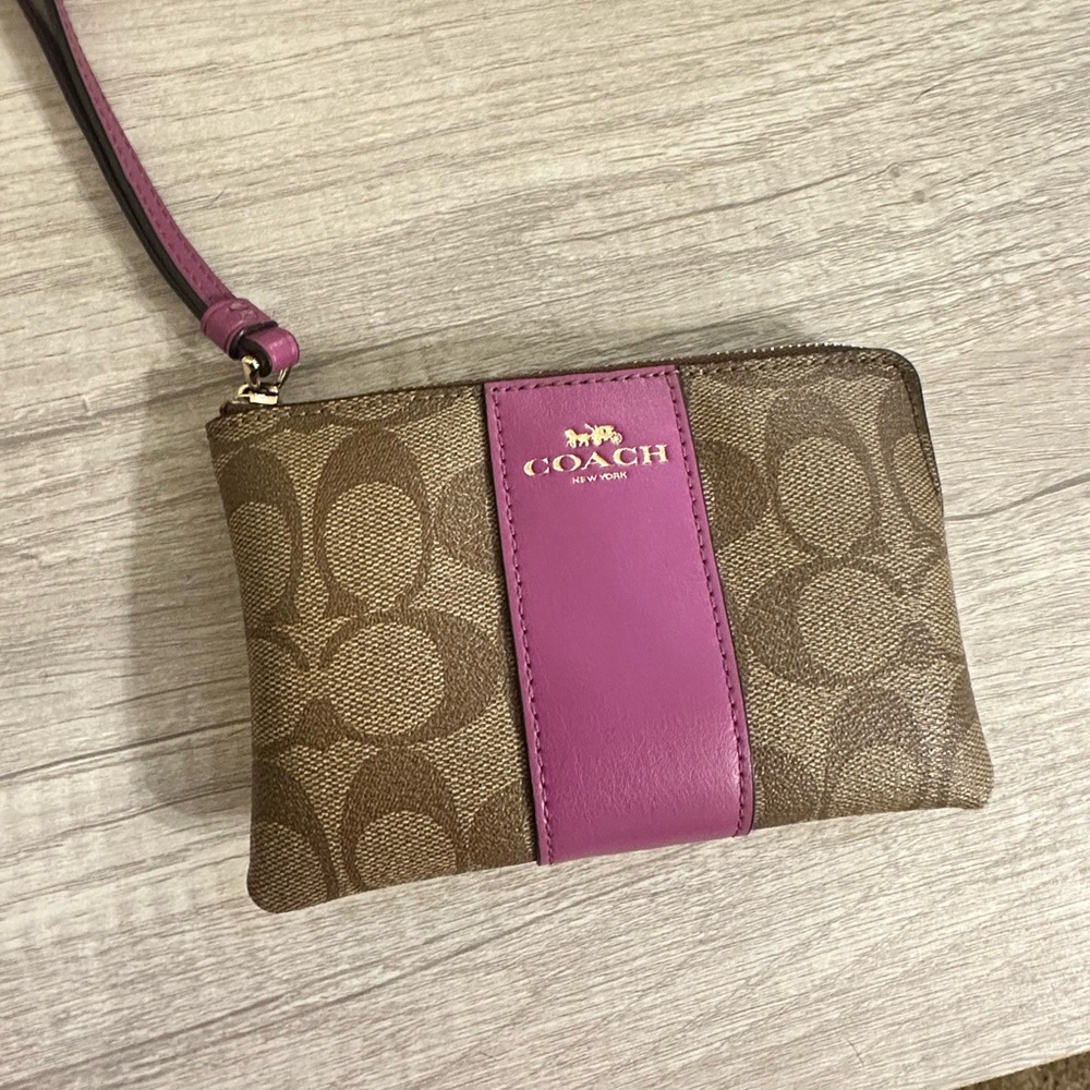 Coach Signature Canvas Wristlet with Pink Leather Accent